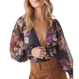 Free People Intimately Wunderlust Sheer Floral Smocked Bodysuit NWOT S